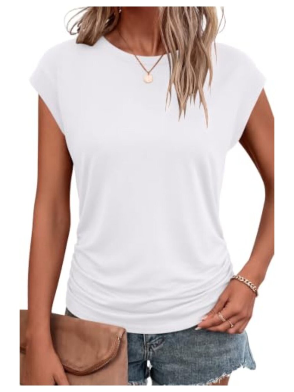 Womens Summer Tops Cap Sleeve Crew Neck Pleated Casual T Shirt